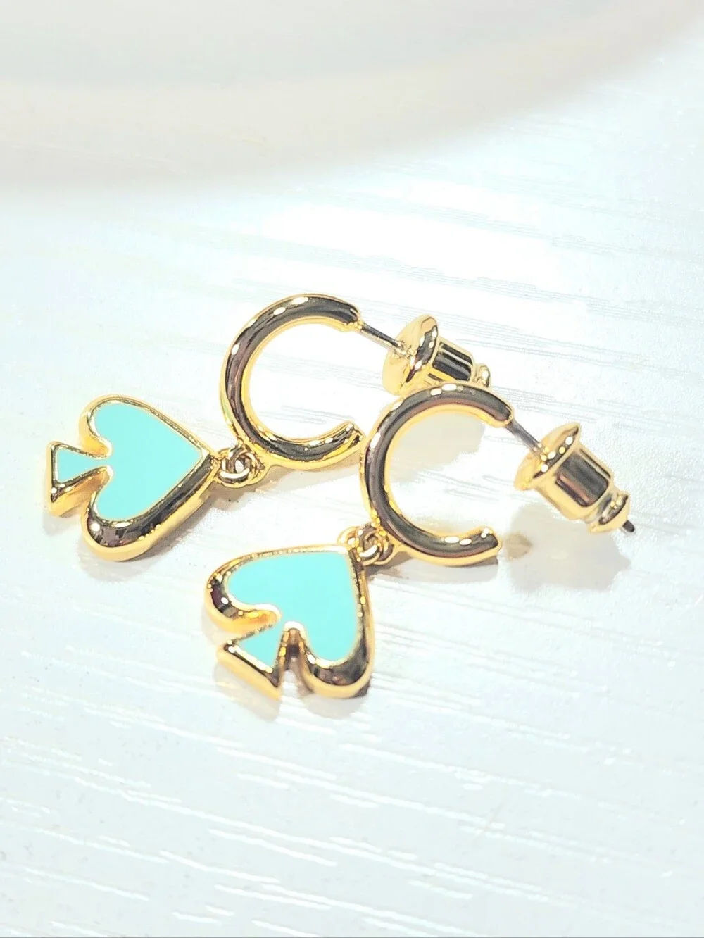 Kate Spade Everyday Spade Enamel Huggie Hoop Earrings Blue Gold.